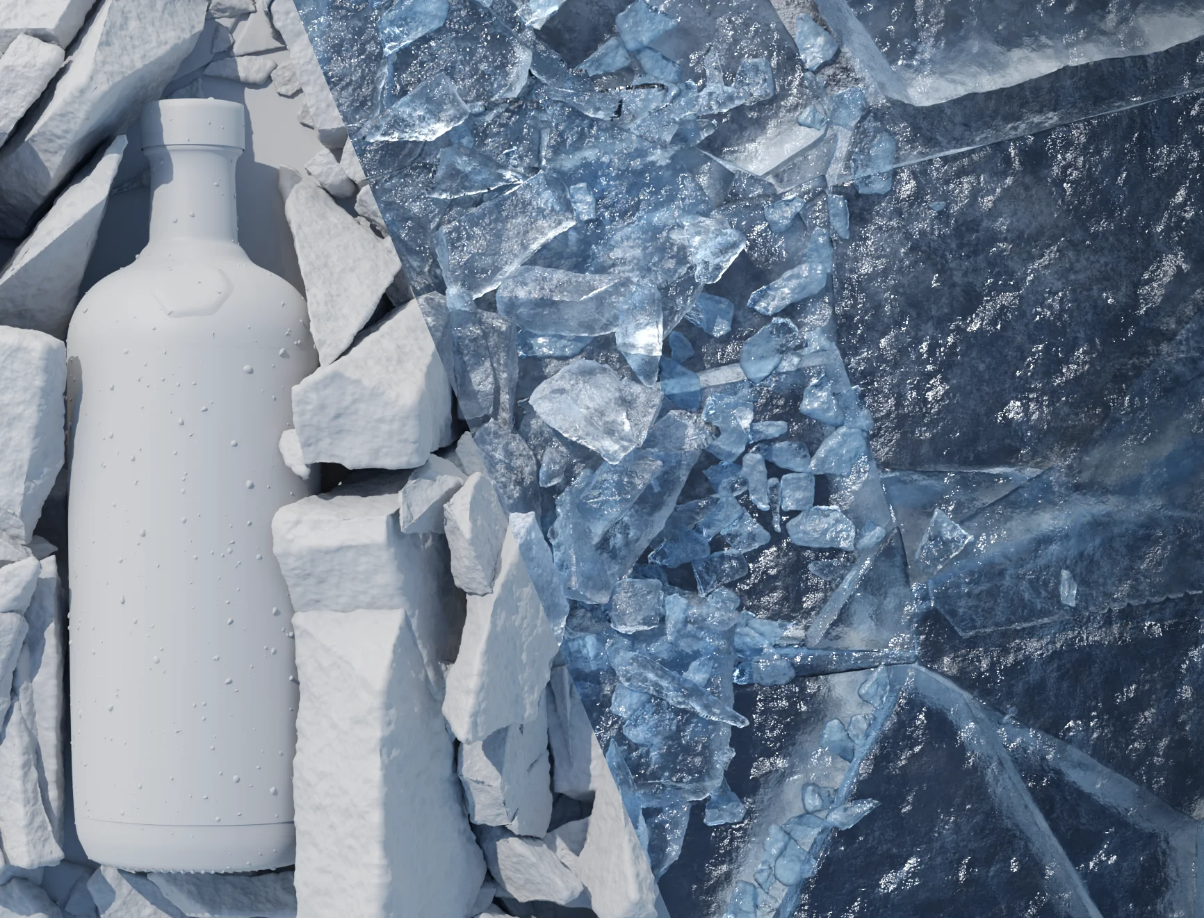 Close view of the Absolut bottle and fractured ice, split between neutral clay and finished lighting