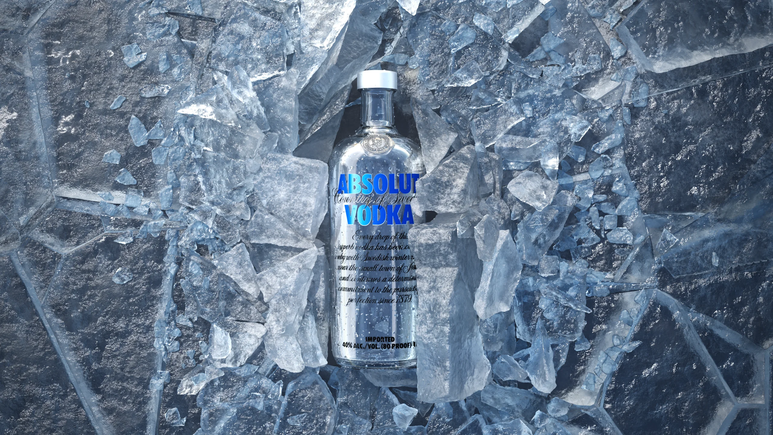 Absolut bottle surrounded by fractured ice