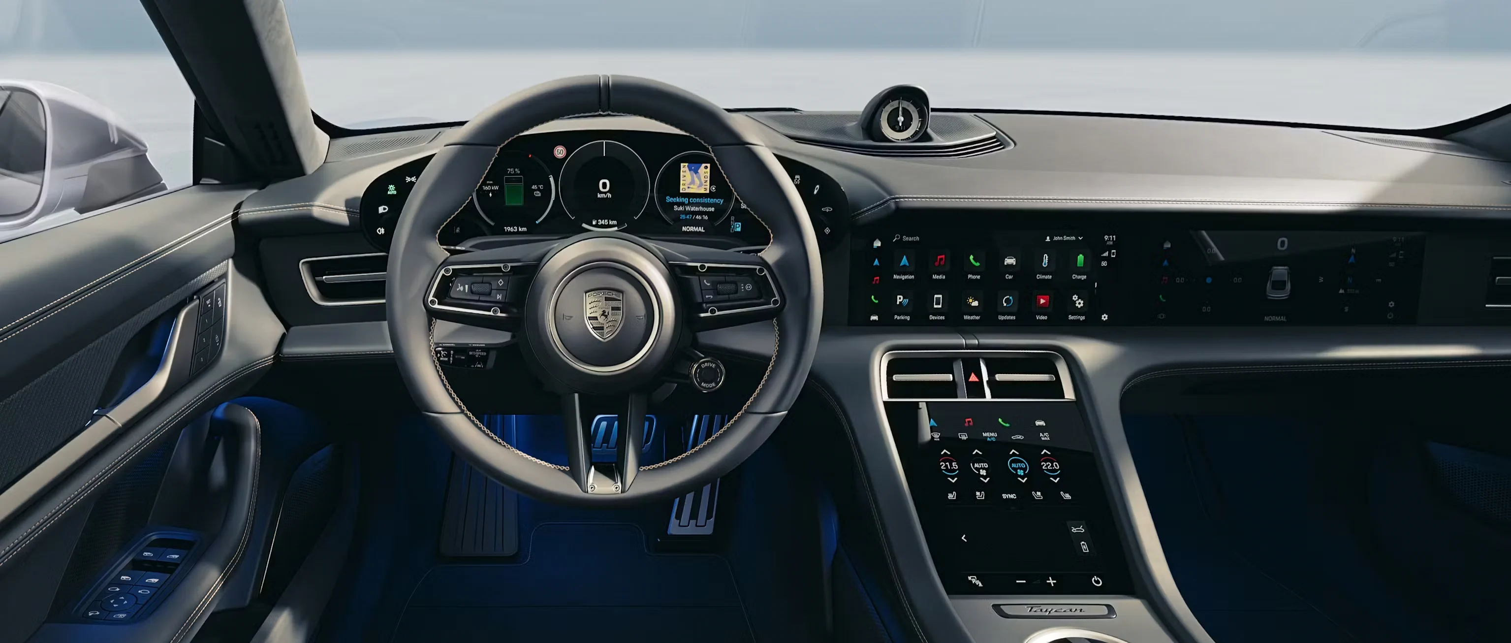Taycan Turbo S interior with blue leather, detailed cockpit materials and soft studio lighting