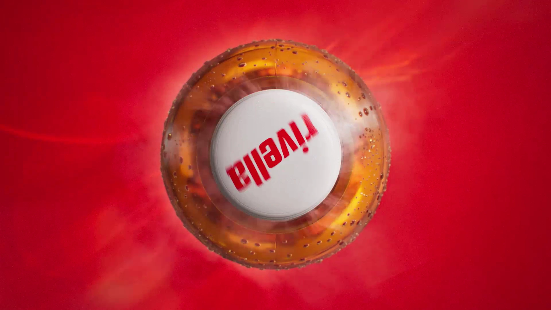 Top-down Rivella cap surrounded by golden liquid against red