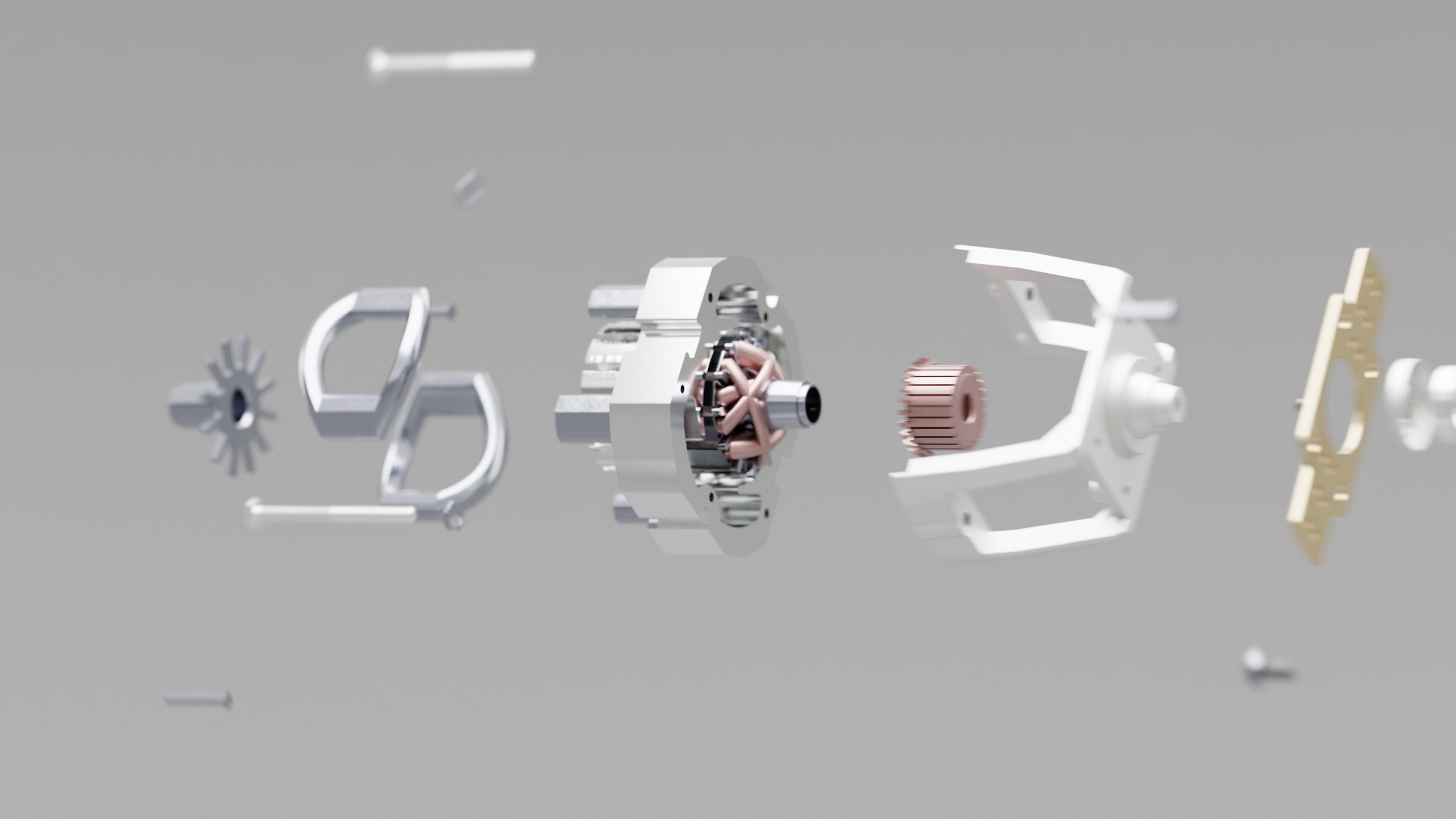 Exploded render separating the mixer's beater, motor assembly, housing, and small mechanical components
