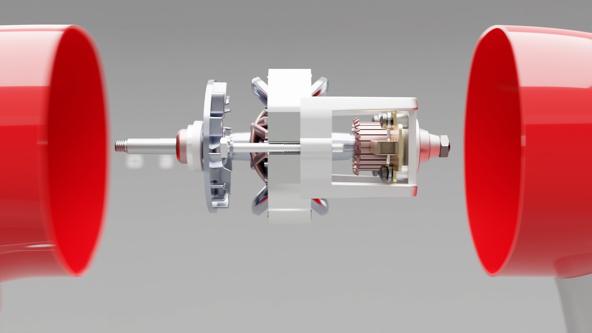 Motor assembly exposed between two red mixer-housing halves